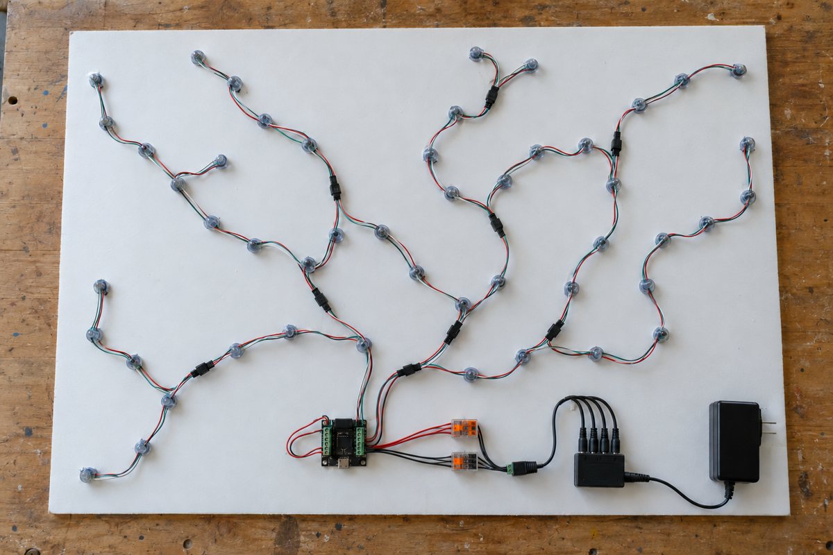 Illustration of the planned build: Back of the foam board: pixel wires along the trails, a small controller with screw terminals, a power brick, a barrel splitter and orange lever nuts.