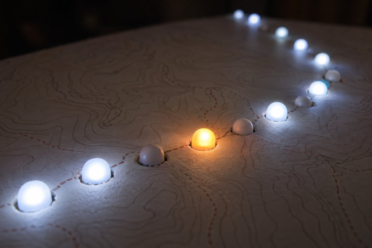 Illustration of the planned build: Macro of 12 mm pixels poking through the printed map, glowing cool white at different brightness, one glowing orange.