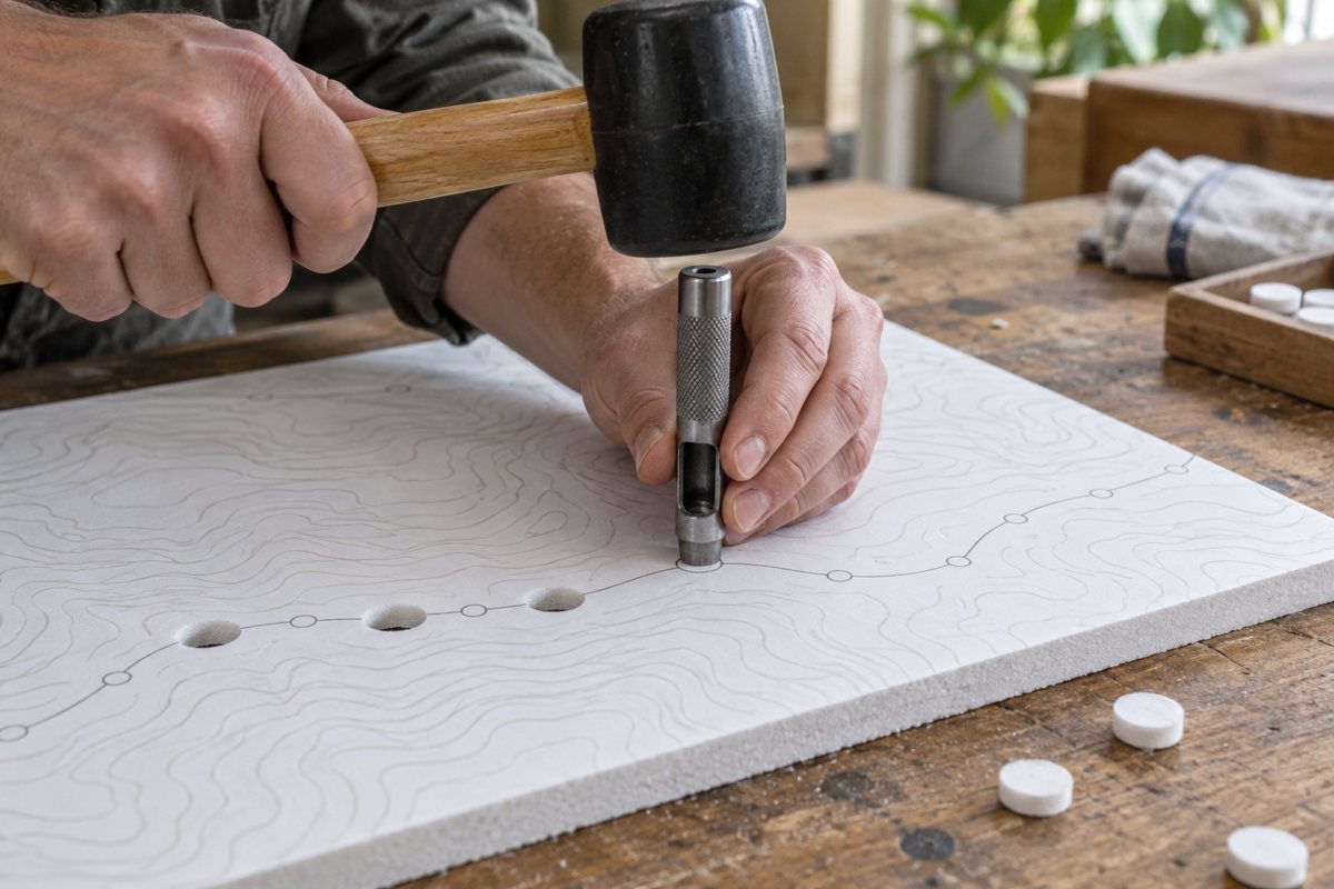 Illustration of the planned build: Hands punching 12 mm holes along a marked trail with a hole punch and mallet.
