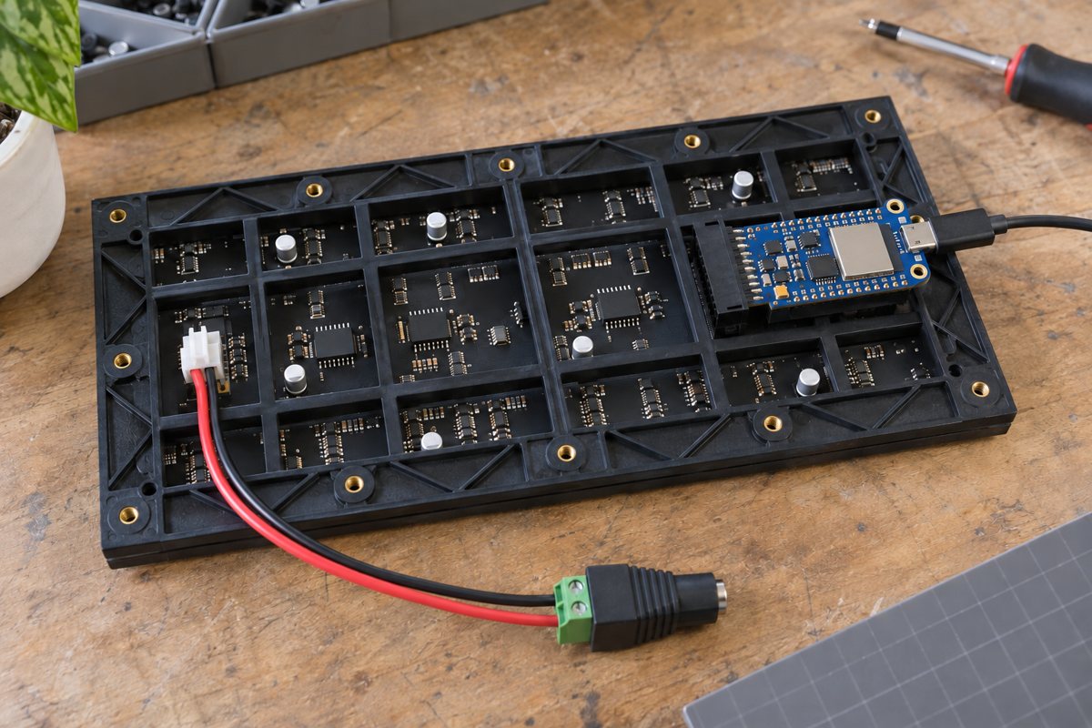 Illustration of the planned build: Back of the LED panel with a controller board on its header and a power lead into a screw terminal adapter.