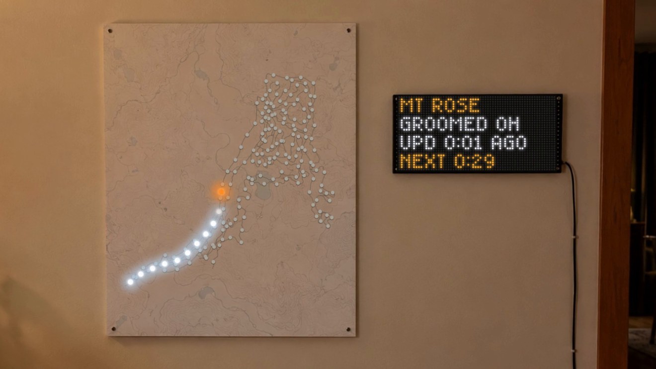 Illustration of the planned build: The map mid-demo with part of one trail lit and the orange groomer pixel partway along it.